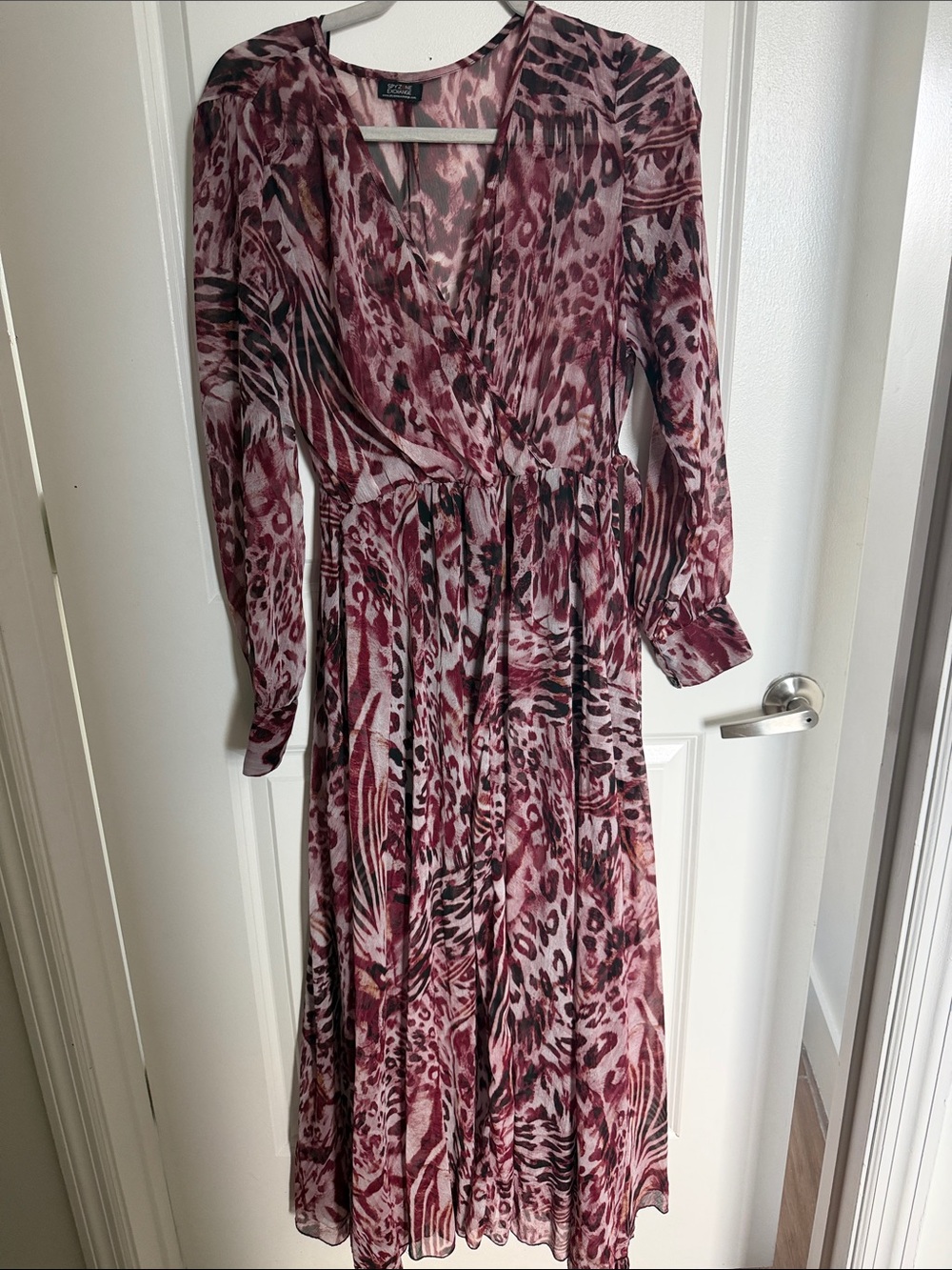 Wrap-Style Long Sleeve Burgundy Animal Print Dress